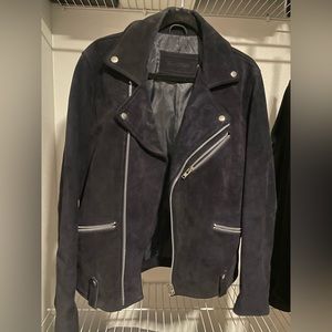 Black Dust Reed Suede Biker with Fleece Collar in Navy